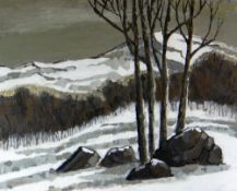 WILF ROBERTS oil - snow covered mountains with trees in the foreground, signed and dated 1997, 34