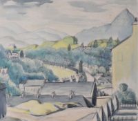 MERYL WATTS watercolour and pencil - North Wales landscape over village rooftops, bears Meryl