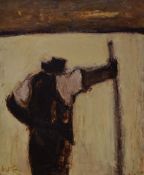 WILL ROBERTS oil on board - farmer with stave, entitled verso 'Pale Corn, 1975', signed with