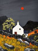 DAVID BARNES oil on board - Snowdonia whitewashed cottage with early sun, signed verso, 39.5 x 29.