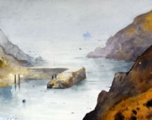 GARETH THOMAS watercolour - harbour wall and inlet with vessel, signed and dated 1991, 20 x 25cms