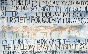 JONAH JONES watercolour - calligraphy extracts from the 42nd Psalm with a sketch of fallow deer,