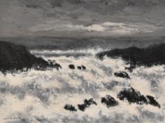 WILF ROBERTS oil on canvas - crashing waves and stormy sky, entitled verso 'Tonnau, (waves)