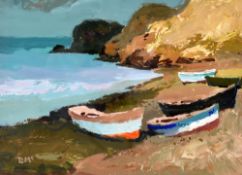 DONALD McINTYRE acrylic - coastal scene with five wooden boats, entitled verso 'Beached', signed