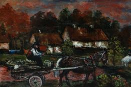 ANDREW VICARI oil on board - horse drawn cart with seated rider, entitled verso 'A Welsh Farmer',