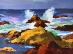 DONALD McINTYRE acrylic - seascape, entitled verso 'Dark Sea & Rocks, No. 2', signed with