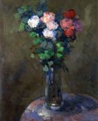 LEONARD BEARD oil on panel - still life study of flowers in a glass vase on a table, entitled