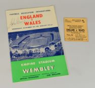 JOHN CHARLES signed programme for England v Wales with ticket stub - the programne cover for the
