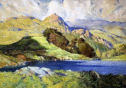 MAURICE KENT oil possibly on canvas laid on board - landscape with lake and bridge, signed and dated