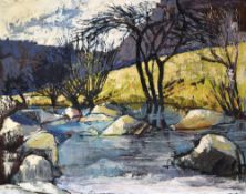 MID-TWENTIETH CENTURY WELSH SCHOOL oil on board - river scene, indistinctly titled verso 'Usk', 59 x