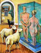 VIVIENNE LUXTON oil on board - amusing narrative with two naked human specimens standing in a