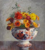 CAREY MORRIS oil on board - still-life of flowers in a tureen, entitled verso 'Flower Study' on '