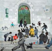 NICK HOLLY oil on board - entitled verso 'Brangwyn Hall Steps', signed, 29 x 29cms