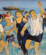 CLAUDIA WILLIAMS oil on canvas - figures running ashore with lifeboat beyond, entitled verso 'Boxing