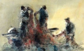 WILLIAM SELWYN mixed media - fisherman with nets, entitled verso on Albany Gallery label '