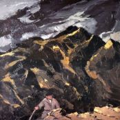SIR KYFFIN WILLIAMS RA Curwen Archive print - farmer appearing over Snowdonia ridge, signed fully in