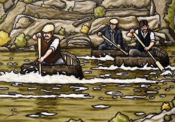 ALAN WILLIAMS oil on canvas - three male paddling coracles on river, entitled verso 'Coracle Men',