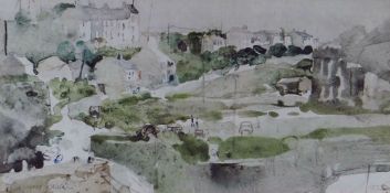 JOHN KNAPP FISHER watercolour - Pembrokeshire seaside houses, figures and motor-vehicles, entitled