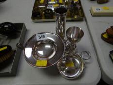 A hallmarked silver twin-handled tazza, a silver serpent-handled porringer & two further items of