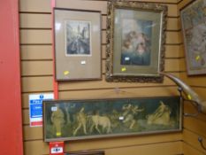 A framed etching of Venice, a framed classical print & another