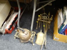 Various brass fire irons, brass trivet, copper kettle etc