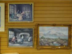 Framed print of a snowy mountain scene with sheep & two framed classical prints