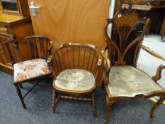 Early twentieth century inlaid & decorated armchair with cushion seat together with a vintage
