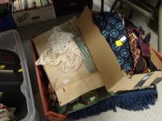 A quantity of lace doilies, fabrics & vintage gentleman's neck ties