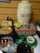 A stoneware sherry decanter & sundry brewery-type items etc