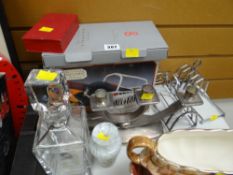 A parcel or metalwork including candelabra, two items of glassware etc