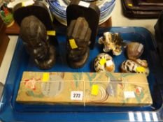 A pair of congolese ebony bookends, box of vintage knitting needles & painted shelves etc