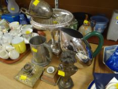 A white metal tazza, Alessi stylised chrome jug etc