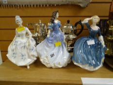 Three Royal Doulton figurines being 'Caroline - HN3170', 'Rebecca - HN4041' & 'Tina - HN3494'