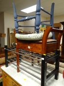 A piano stool, a blue painted chair etc