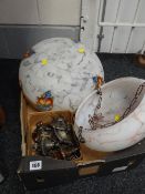 Two mottled glass vintage hanging lamp shades & fittings