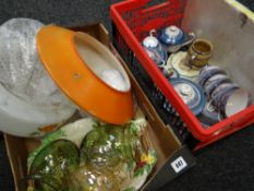 Two boxes of china & pottery plus two glass hanging lamp shades