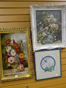 A fine quality oil on board still life of flowers in a bowl, unsigned & a framed print together with