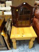 A modern pine table, a vintage trouser press, modern bentwood butler's tray & small wall display
