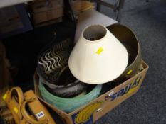 A box of lighting, brass jardiniere etc