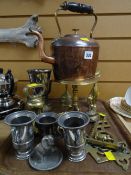 A parcel of metalware including copper kettle, brass bell weights, brass miniature tripod table etc