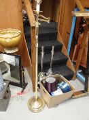 A box of small electricals, a pair of table lamps & a modern brass effect standard lamp