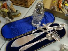 Five hallmarked silver teaspoons, a silver castor & a cased fish service