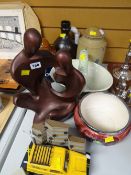 A modern sculpture, sundry items of pottery & an 'Only Fools & Horses' alarm clock