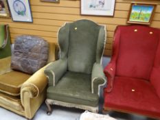 A pair of vintage wingback armchairs & another together with leather cushion-style footstool