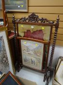 An antique barley-twist mahogany tapestry fire screen (distressed) & another with watercolour