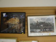 A reproduction antique print of Bridgend & a framed print of a leopard