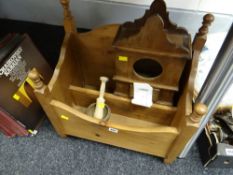 A pine Canterbury and a pine clock encasement etc