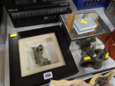 A framed metallic sculpture & sundry items of metalware, a modern glass jewellery box etc