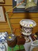 A retro mottled decorated anglepoise lamp, a biscuit barrel, a vintage table game etc