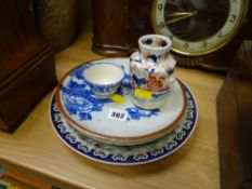 A parcel of Oriental pottery, an ironstone twin-handled ink pot etc